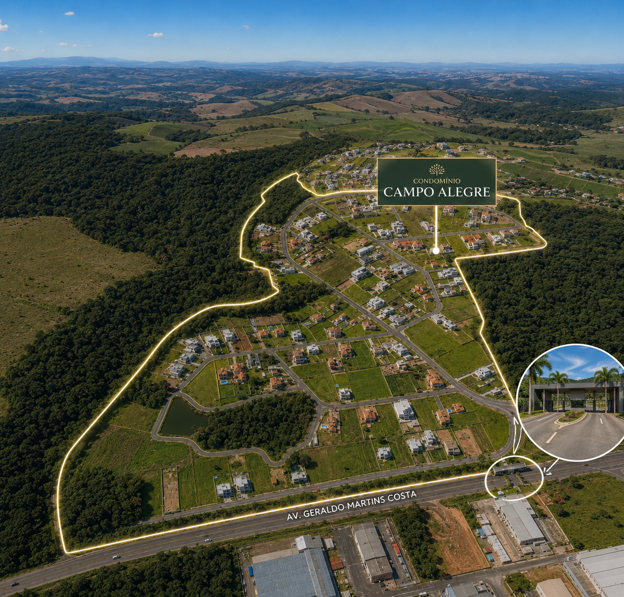 Vista aérea do Condomínio Campo Alegre cercado por área verde