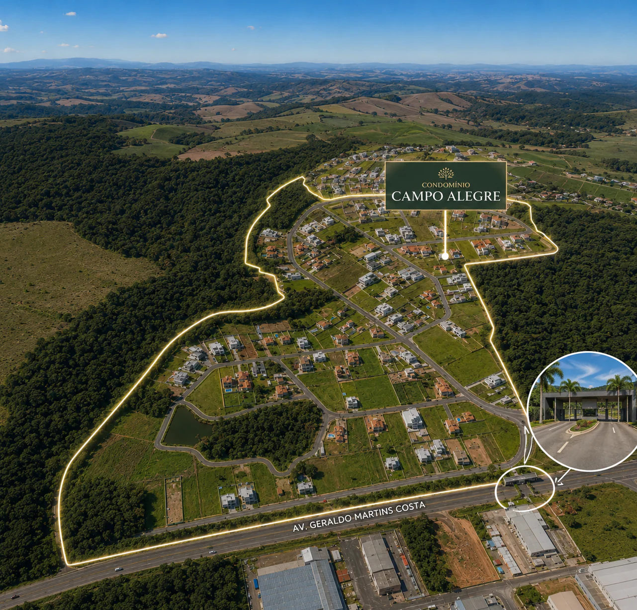 Vista aérea do Condomínio Campo Alegre cercado por área verde