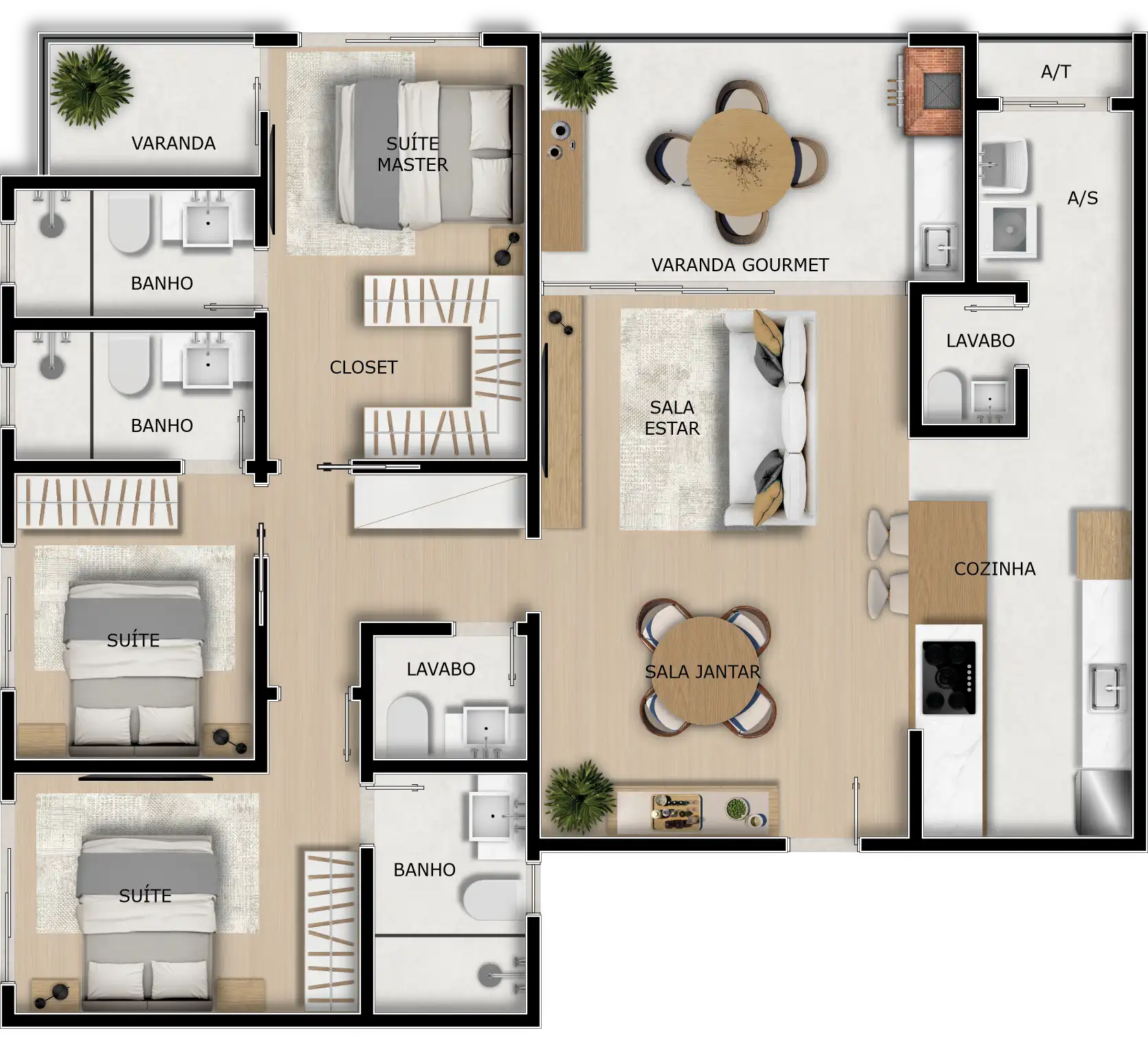 Planta de apartamento com três suítes do Cinqueterre Resort