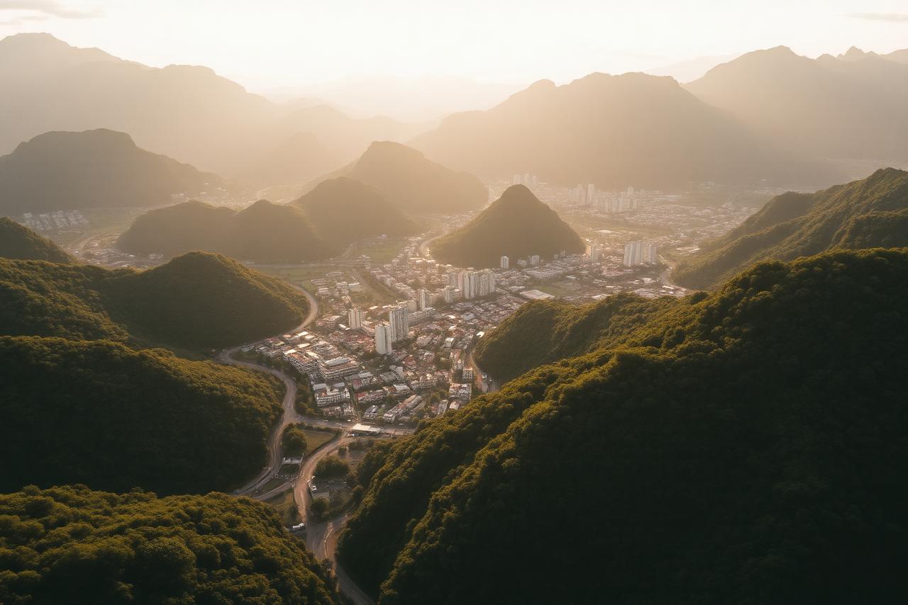 Vista aérea de Poços de Caldas cercada pelas montanhas